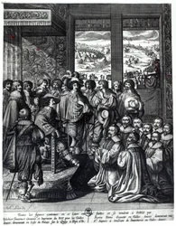 Louis XIII (1601-43) de retour du siège de La Rochelle, félicité par le prévôt des marchands